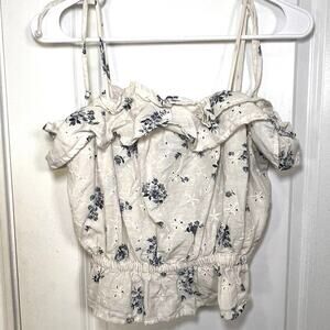 American Eagle Top Women Size M White Blue Floral Eyelet Ruffle Straps Tank Crop
